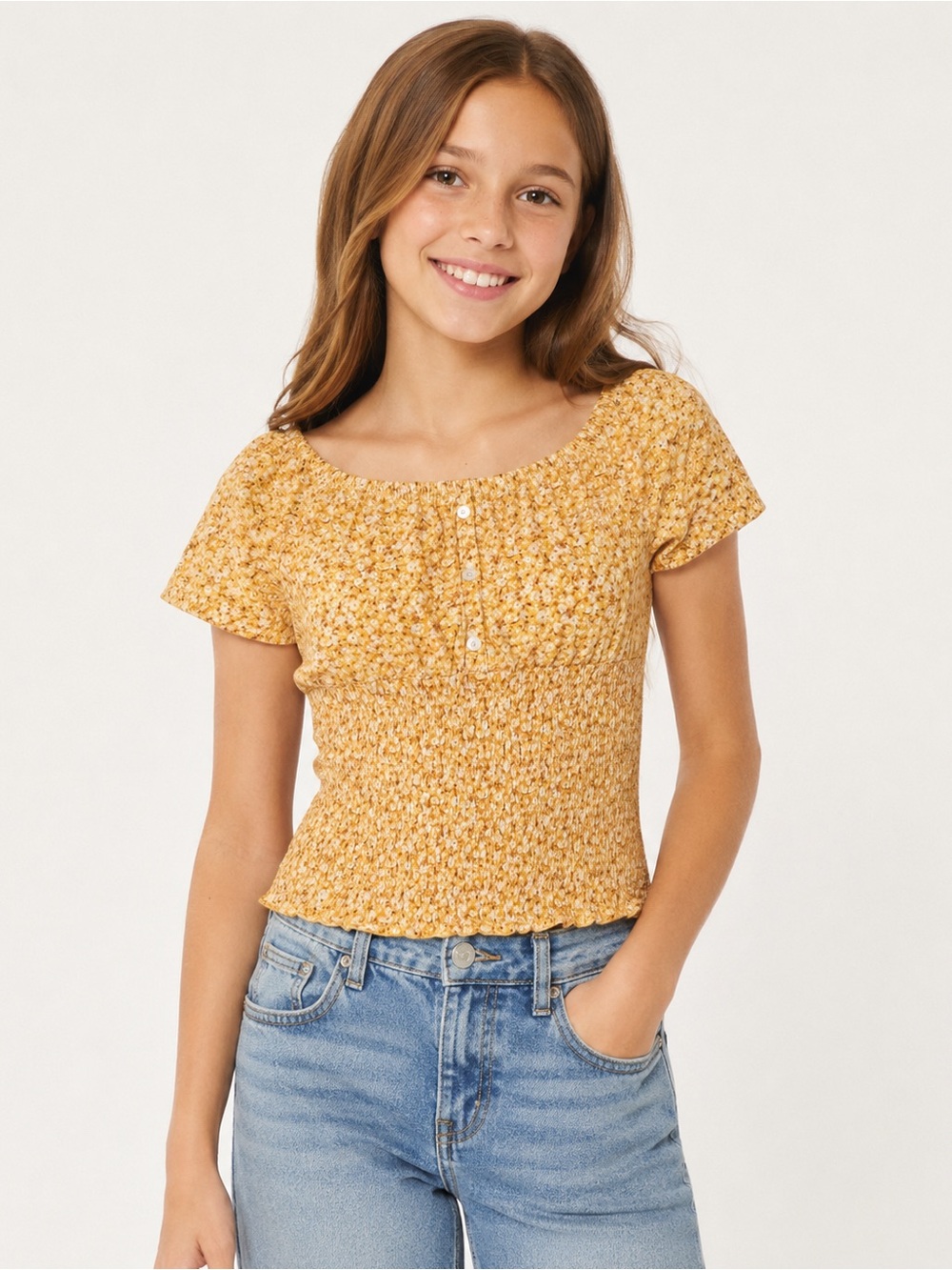 Abercrombie Kids Yellow Floral Smocked Tee Top Girls 11/12 NWT